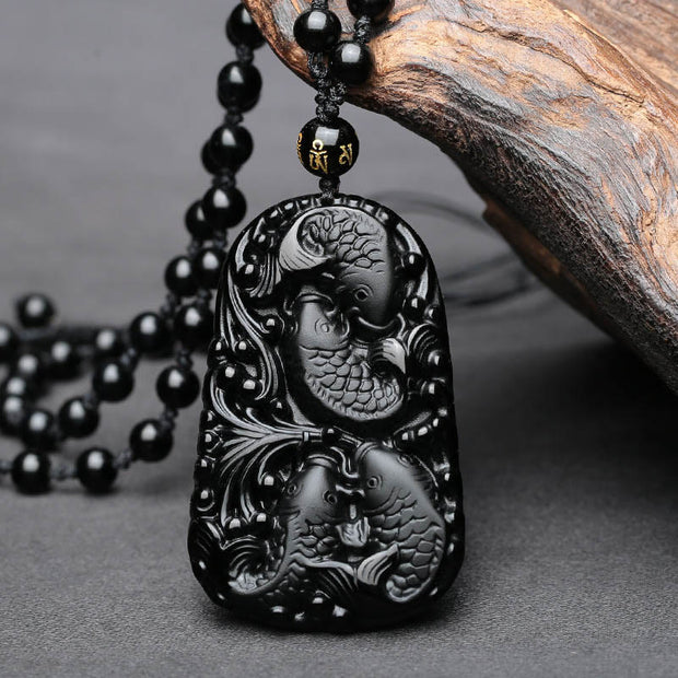 Buddha Stones Black Obsidian Koi Fish Engraved Strength Beaded Necklace Pendant Necklaces & Pendants BS 7