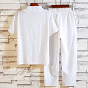 Buddha Stones 2Pcs Solid Color Linen Button Short Sleeve T-shirt Pants Men's Set 2-Piece Outfit BS 2