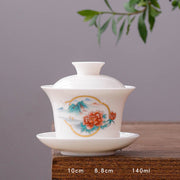 Buddha Stones White Porcelain Mountain Landscape Countryside Ceramic Gaiwan Teacup Kung Fu Tea Cup And Saucer With Lid Cup BS Long Cup-Window Vew(8.8cm*10cm*140ml)