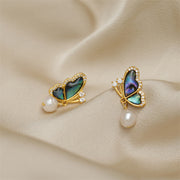 Buddha Stones 18K Gold Plated Copper Pearl Butterfly Love Stud Earrings 4