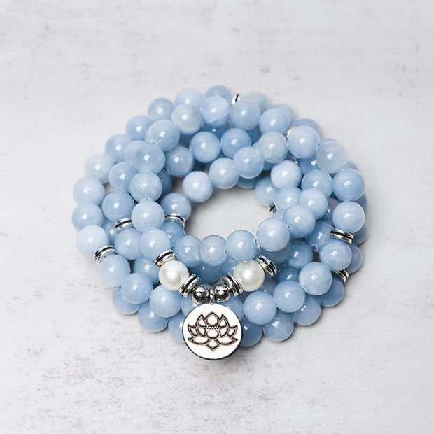 Buddha Stones 108 Mala Beads Aquamarine Healing Bracelet