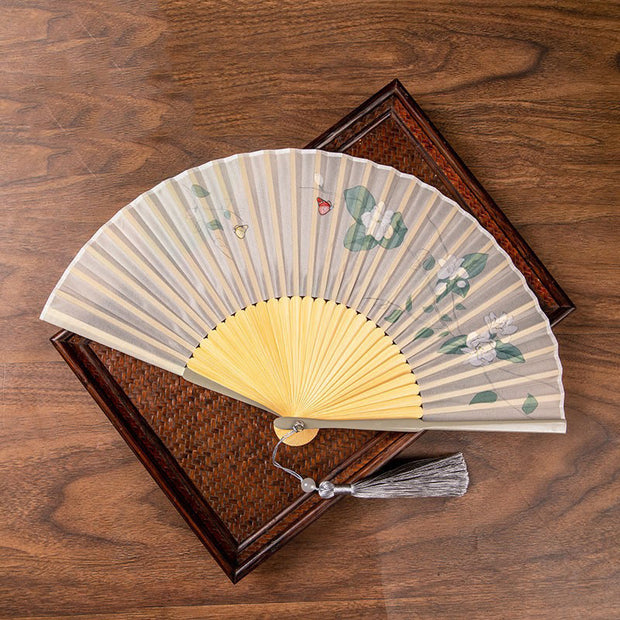 Buddha Stones Jasmine Lotus Begonia Flowers Handheld Bamboo Folding Fan (Extra 30% Off | USE CODE: FS30) - Jasmine - image 1