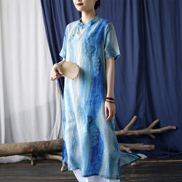 Buddha Stones Ramie Blue Digital Printing Cheongsam Dresses Short Sleeve Linen Dress 3