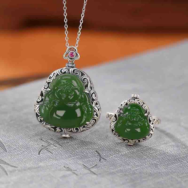 Buddha Stones 925 Sterling Silver Natural Hetian Cyan Jade Laughing Buddha Auspicious Clouds Success Necklace Pendant Ring Set Bracelet Necklaces & Pendants BS 2Pcs(Necklace&Ring)