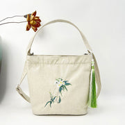 Buddha Stones Embroidery Wisteria Plum Lotus Cherry Blossom Cotton Linen Canvas Tote Crossbody Bag Shoulder Bag Handbag 40