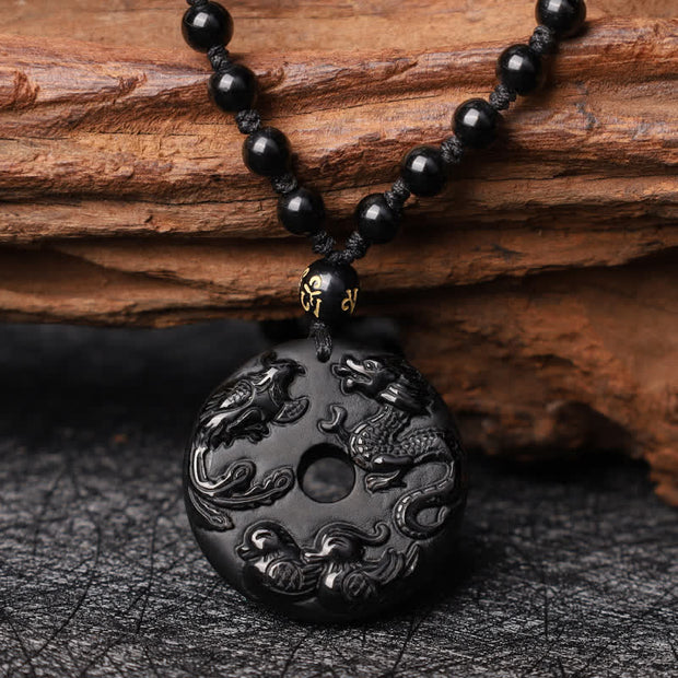 Buddha Stones Black Obsidian Dragon Phoenix Mandarin Duck Luck Protection Necklace Pendant