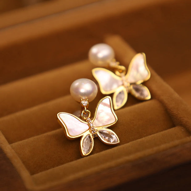 Buddha Stones 18K Gold Plated Copper Natural Shell Pearl Butterfly Sincerity Stud Earrings 7