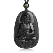 Buddha Stones Chinese Zodiac Natal Buddha Natural Black Obsidian Purification Necklace Pendant