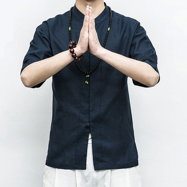Buddha Stones Chinese Frog-Button Tang Suit Zen Half Sleeve Shirt Linen Men Clothing