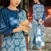 Buddha Stones Blue White Flower Pattern Midi Dress Meditation Three Quarter Sleeve Linen Dress With Pockets 4