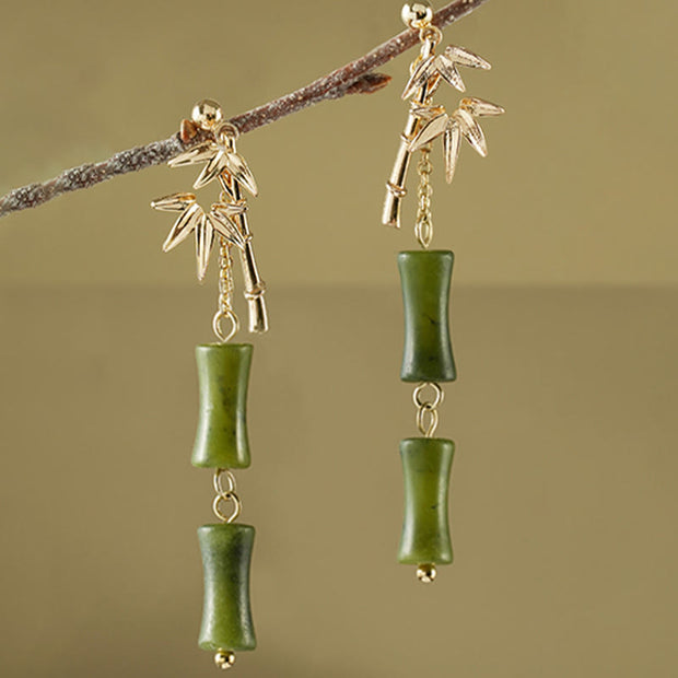 Buddha Stones 925 Sterling Silver Posts Copper Plated Gold Natural Peridot Bamboo Leaf Drop Earrings 7
