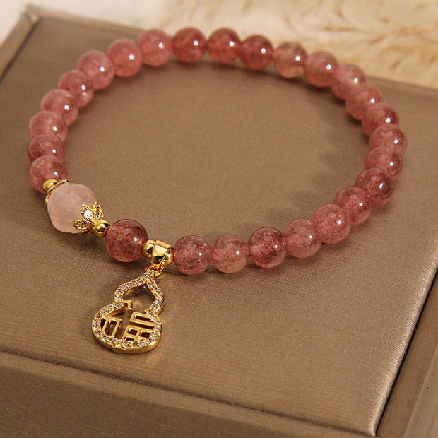 Buddha Stones Strawberry Quartz Gourd Fu Character Charm Positive Bracelet