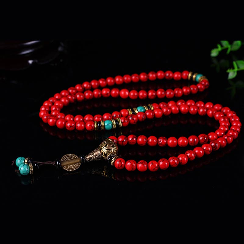 Mala Buddhist popular rosary 108 red sandalwood beads protective talisman Feng Shui dragon agate nan hong lapis lazuli turquoise