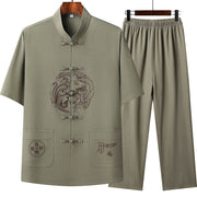 Buddha Stones Dragon Fu Character Tang Suit Traditional Short Sleeve Shirt Wide Leg Pants Clothing Men's Set