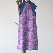 Buddha Stones Vintage Purple Flower Print Ramie Linen Cheongsam Midi Dress With Pockets Cheongsam Dresses BS 11