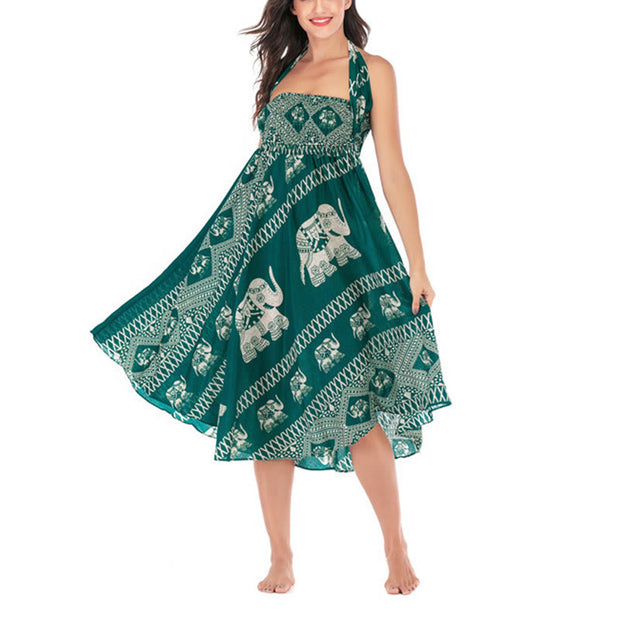 Buddha Stones Two Style Wear Bohemian Summer Elephant Lines Lace-up Skirt Dress