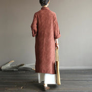 Buddha Stones Flower Jacquard Midi Dress Long Sleeve Cotton Linen Dress Wide Leg Pants With Pockets 37