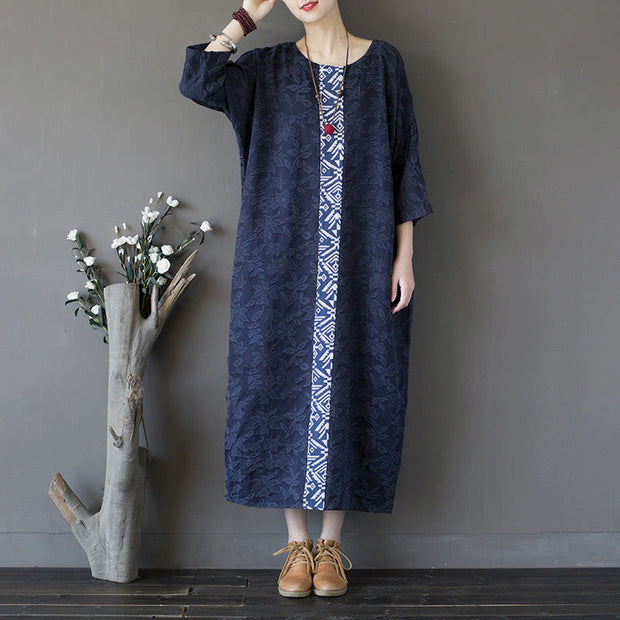 Buddha Stones Blue Flowers Embroidery Jacquard Midi Dress Three Quarter Sleeve Cotton Dress With Pockets