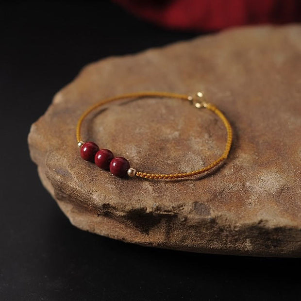 Buddha Stones 14K Gold Plated Natural Cinnabar Blessing String Braided Bracelet Bracelet BS Yellow(Wrist Circumference 14-15.5cm) Three Cinnabar Beads