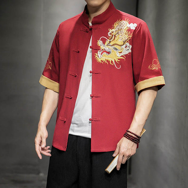 Buddha Stones Frog-Button Chinese Dragon Auspicious Cloud Embroidery Half Sleeve Shirt Cotton Linen Men Clothing