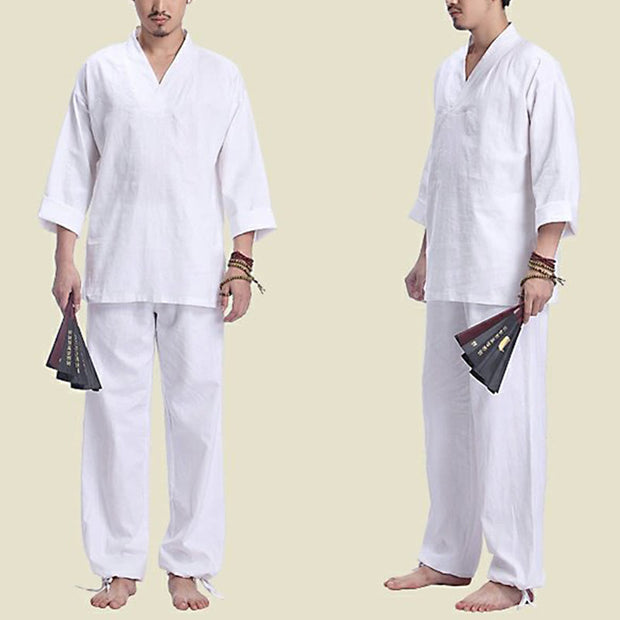 Buddha Stones Meditation Prayer V-neck Design Cotton Linen Spiritual Zen Practice Yoga Clothing Men's Set Clothes BS 12