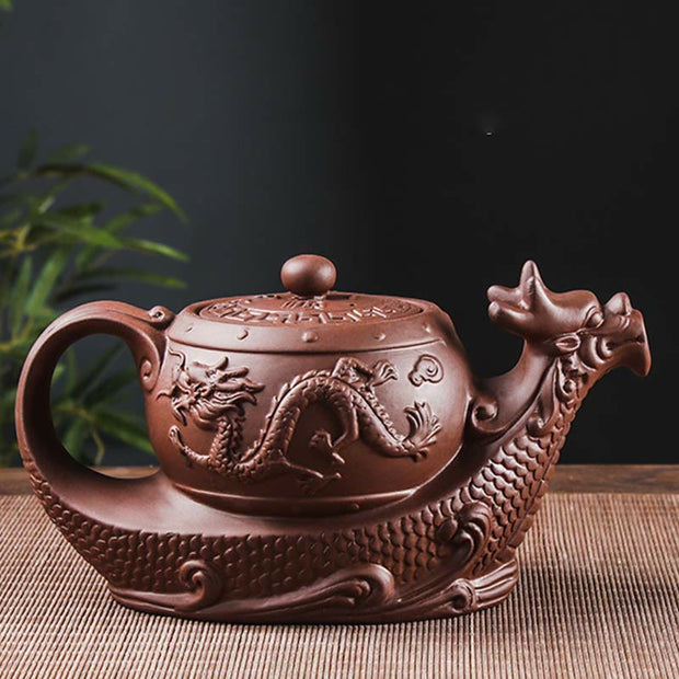 Buddha Stones Vintage Dragon Auspicious Clouds Purple Clay Ceramic Teapot