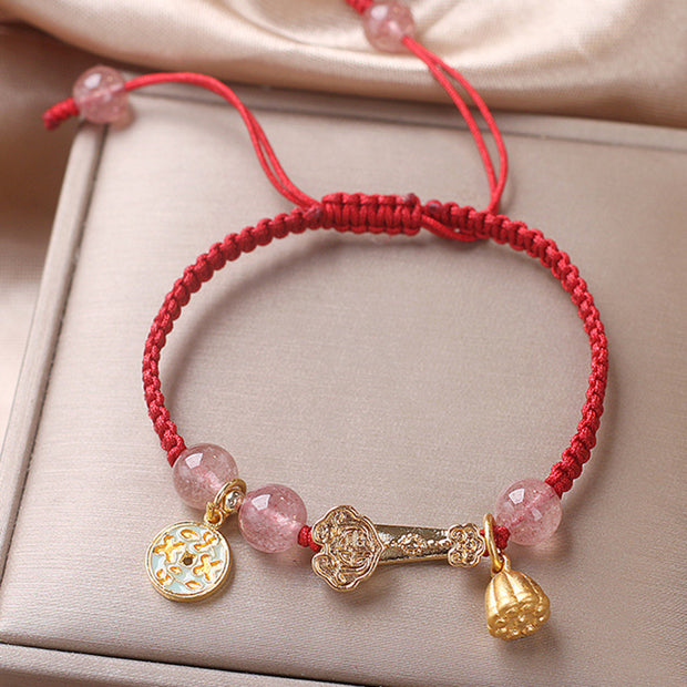 Buddha Stones Strawberry Quartz Ruyi Handle Lotus Copper Coin Positive Braid Bracelet