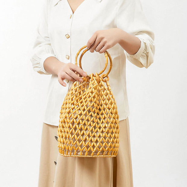 Buddha Stones Hand-woven Wooden Beads Bamboo Handle Shoulder Bag Handbag Handbags BS 1