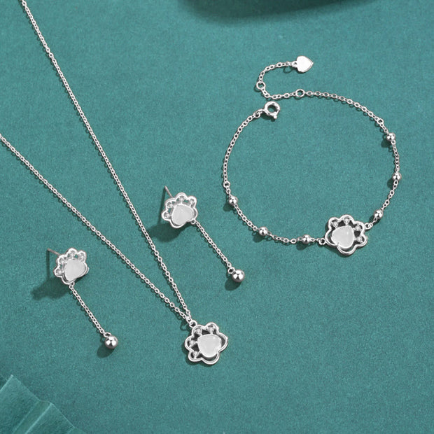 Buddha Stones 925 Sterling Silver Hetian Jade Cute Cat Paw Luck Necklace Pendant Bracelet Earrings Set