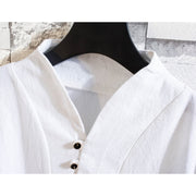 Buddha Stones 2Pcs Solid Color Linen Button Short Sleeve T-shirt Pants Men's Set