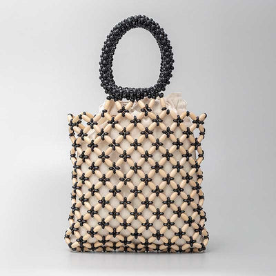 Buddha Stones Hand-woven Lozenge Wooden Beads Handbag Handbags BS Cream Yellow 23*23*2.5cm