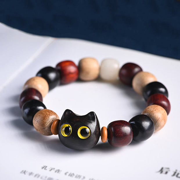 Buddha Stones Small Leaf Red Sandalwood Ebony Wood Cute Cat Engraved Protection Bracelet