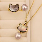 Buddha Stones Natural Pearl Copper Cat Healing Necklace Pendant Earrings Bracelet Necklaces & Pendants BS main