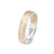 Buddha Stone 999 Sterling Silver Gold-Painted Joyful Flower Pattern Peaceful Heart Sutra Ring Ring BS Flower Pattern Heart Sutra