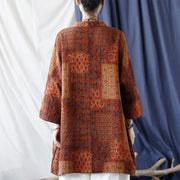 Buddha Stones Orange Flower Geometry Print Cotton Open Front Jacket With Pockets 4