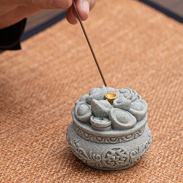 Buddha Stones Chinese Character Fu Ingots Healing Incense Burner Desk Decoration