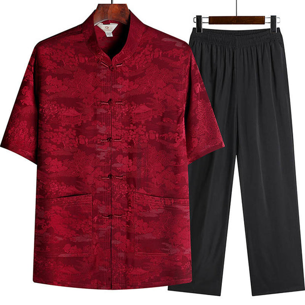 Buddha Stones Pine Tree Pavilion Garden Tang Suit Hanfu Traditional Uniform Short Sleeve Top Pants Clothing Men's Set 12