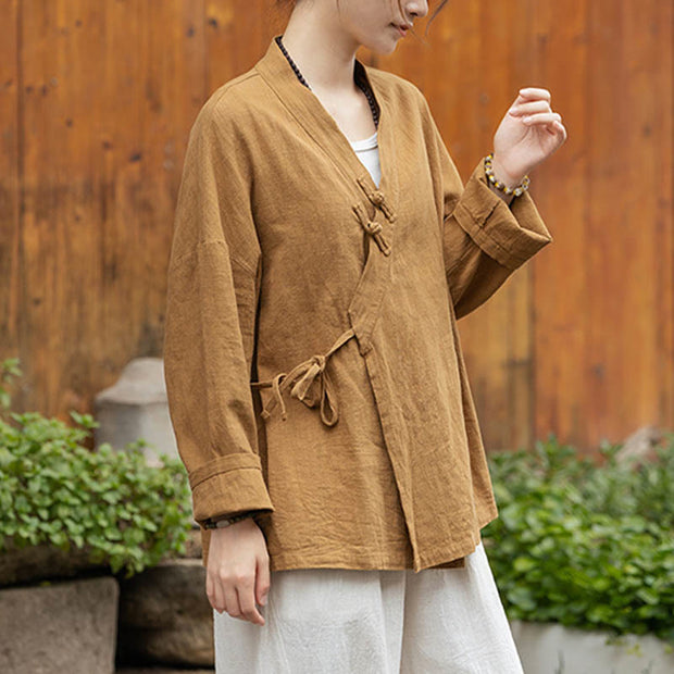 Buddha Stones Frog-Button Hanfu Design Shirt Top Ramie Linen Jacket