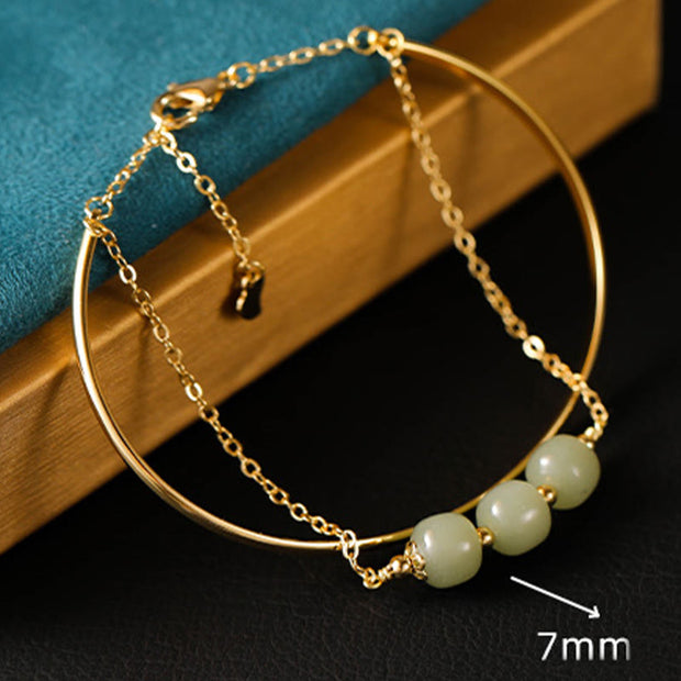 Buddha Stones Copper Plated Gold Hetian Jade Bead Luck Double Layer Bracelet Bangle