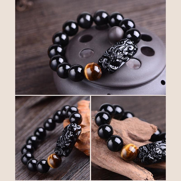 Buddha Stones Natural Black Obsidian PiXiu Tiger's Eye Strength Bracelet Bracelet BS 10