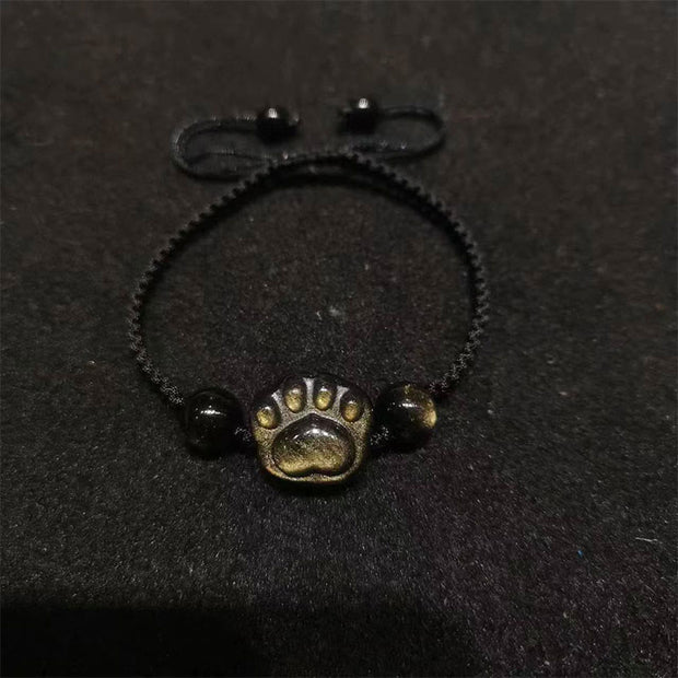Buddha Stones Natural Silver Sheen Obsidian Gold Sheen Obsidian Cat Claw Soothing Braided Bracelet Bracelet BS Gold Sheen Obsidian(Wrist Circumference: 15-17cm) Cat Claw Black String