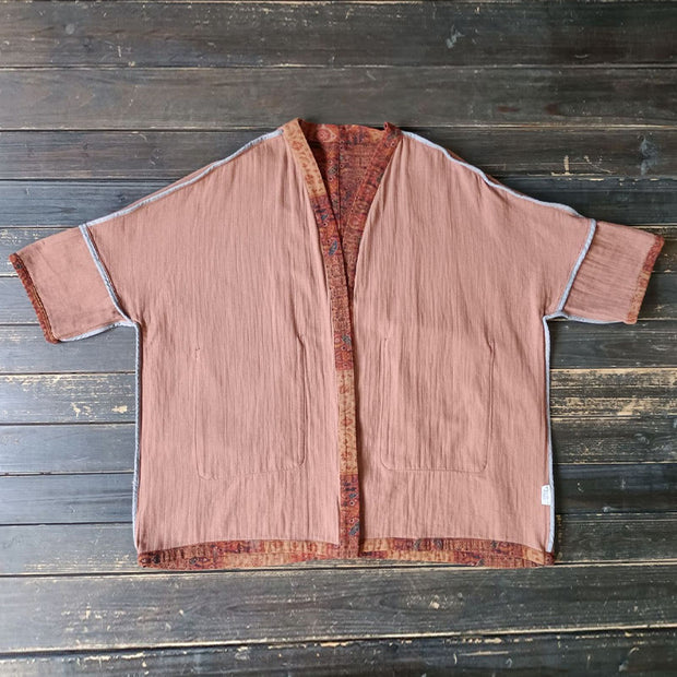 Buddha Stones Orange Flower Geometry Print Cotton Open Front Jacket With Pockets 17
