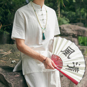 Buddha Stones 2Pcs Men's Short Sleeve Shirt Top T-Shirt Pants Meditation Zen Tai Chi Cotton Linen Clothing Set Men's Meditation Cloth BS White(Top&Pants) 6XL(Bust 138cm/Waist 86-150cm/Hips 144cm)