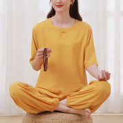 Buddha Stones 2Pcs Half Sleeve T-Shirt Pants Meditation Zen Tai Chi Cotton Linen Clothing Unisex Set 4