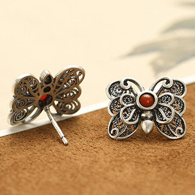 Buddha Stones 925 Sterling Silver Red Agate Butterfly Self-acceptance Ring Earrings Set Bracelet Necklaces & Pendants BS 16