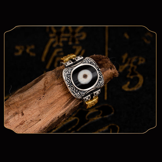 Buddha Stones 925 Sterling Silver Zakiram Goddess of Wealth Design Dzi Bead Protection Ring Ring BS 5