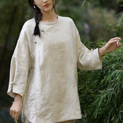Buddha Stones Solid Color Linen Embroidery Top Loose Tee T-shirt