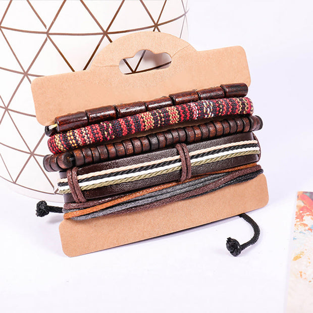 11-Piece Woven Braided Leather Bracelet Set For Men & Women - Hemp Cords With Wood Beads Cuff Style