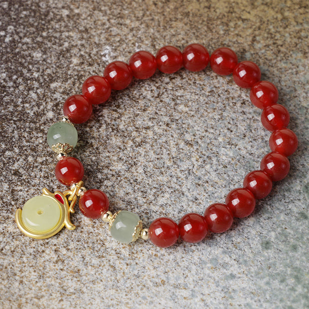 Buddha Stones Year of the Dragon Red Agate Jade Peace Buckle Fu Character Success Bracelet Bracelet BS 2