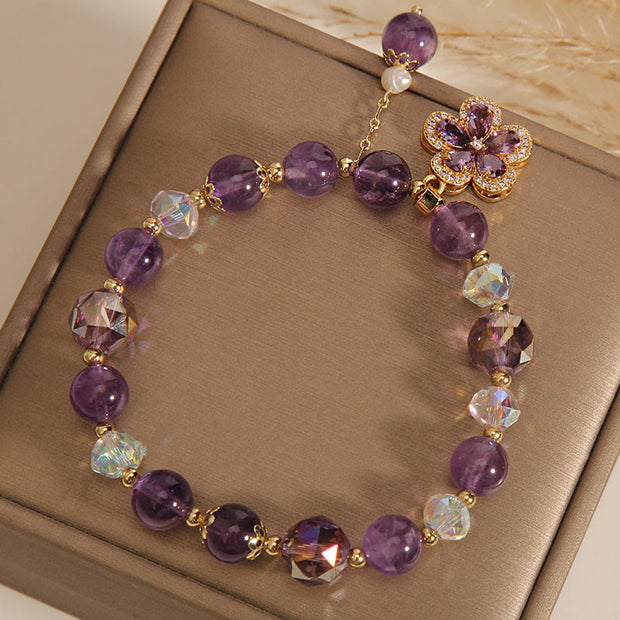 Natural Amethyst Pearl Flower Charm Positive Transformation Bracelet